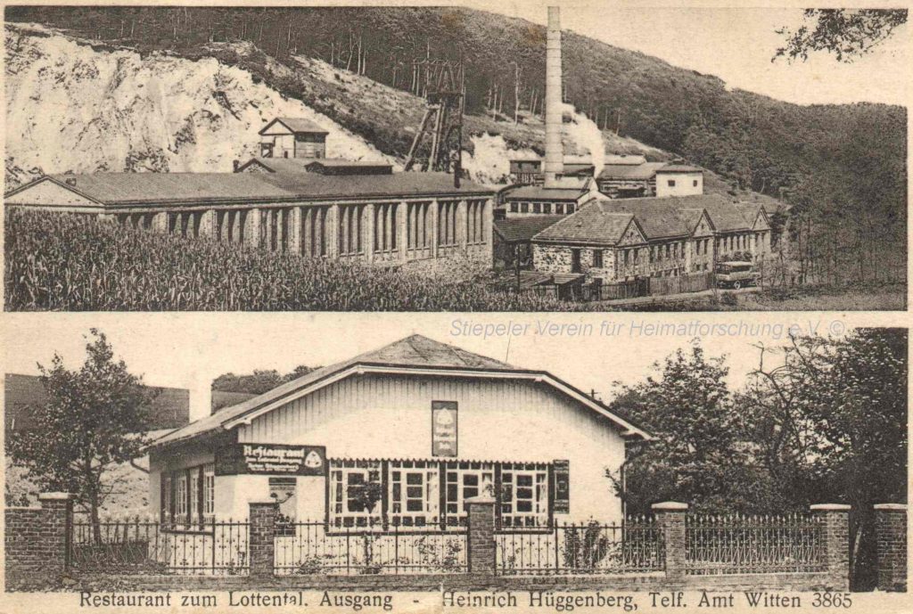 Postkarte 1930: Die Gastwirtschaft "Zum Lottental Ausgang" von Heinrich Hüggenberg, oben Zeche Klosterbusch