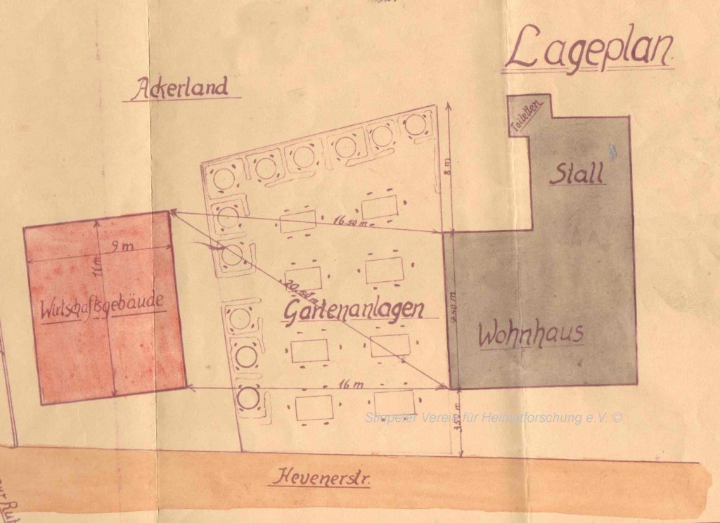 Skizze zum Erweiterungsantrag 1927 mit Wirtschaft, Gartenanlage, Wohnhaus